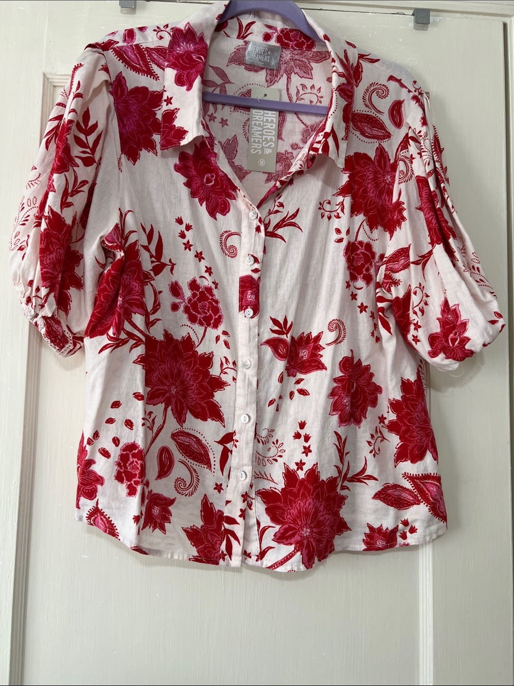 Hero's and Dreamers creamy White Button-Down linen blend floral shirt